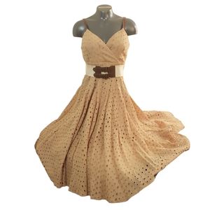 Vintage v-neck halter dress with embroidered eyelets and wide waist belt